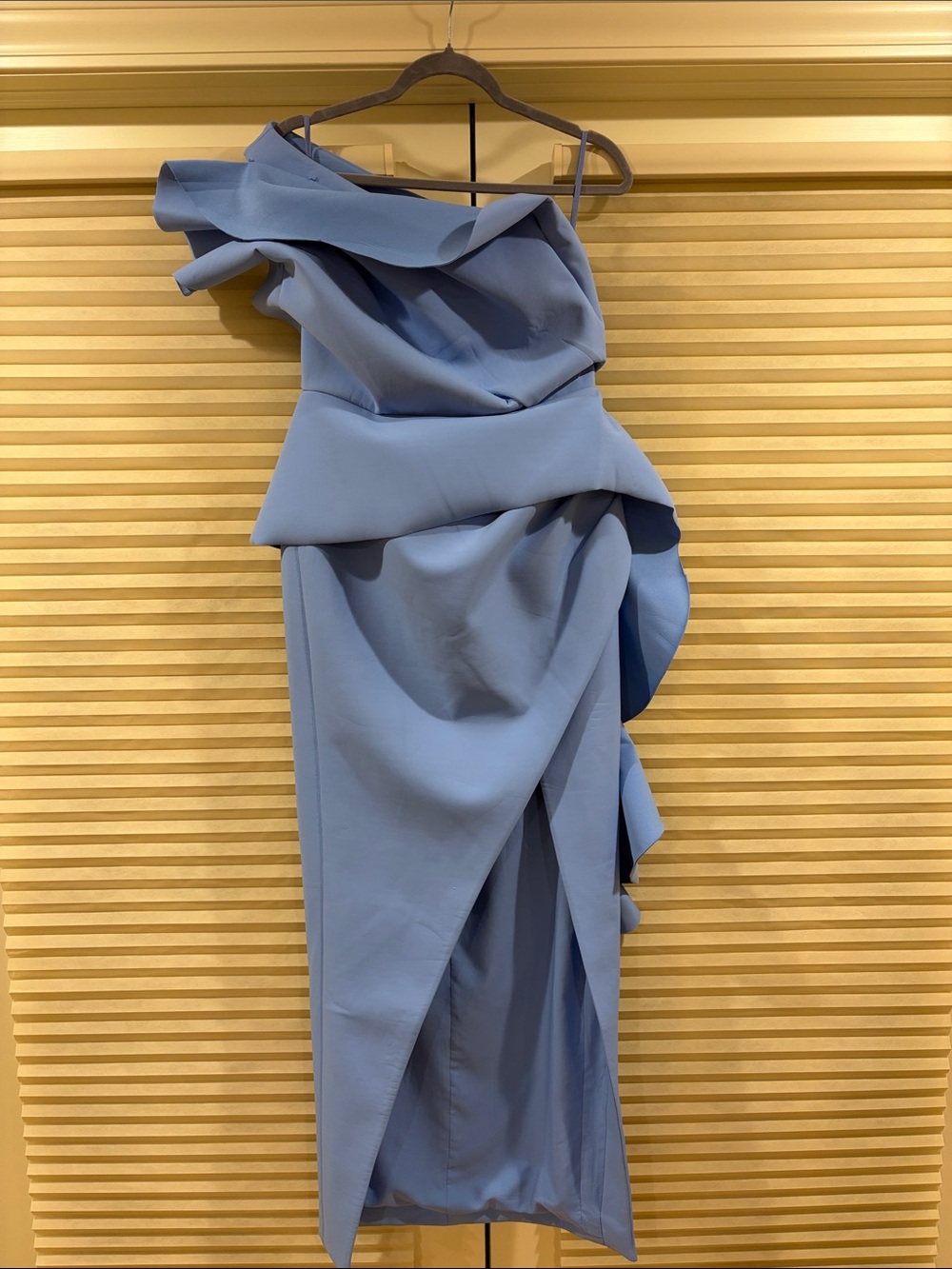 NWOT Rachel Gilbert Dusty Blue One-Shoulder Ruffle Midi Dress, Size US 6